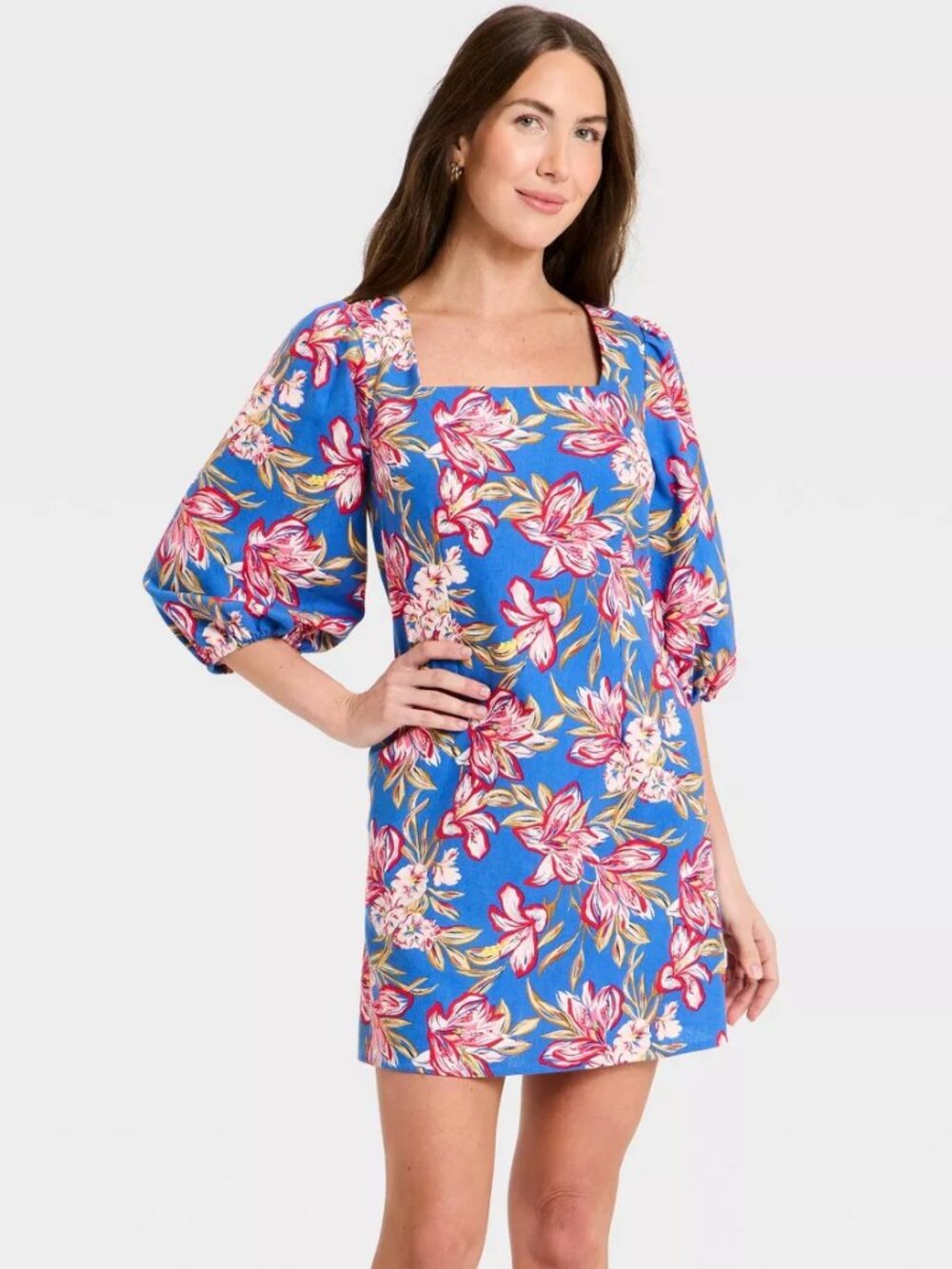 Linen Blend Square Neck Mini Dress Small New With Tags Blue Floral A New Day